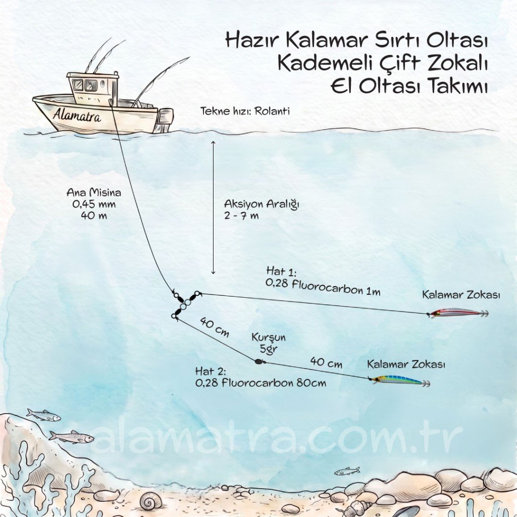 Hazır Kalamar Sırtı Oltası - Kademeli Çift Zokalı El Oltası Takımı - Görsel 2