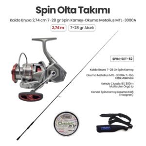 Kaido Bruxa 2.74 m 7-28 gr Spin Kamışı + Okuma Metolius MTL-3000A Spin Makinesi + Spin Set 52