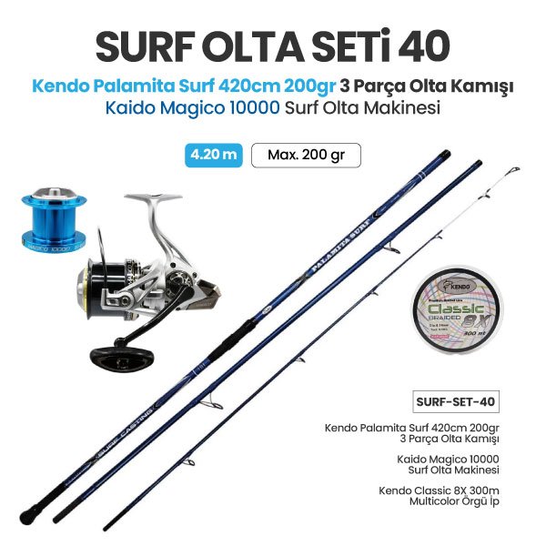 Kendo Palamita Surf 420cm 200gr 3 Parça Olta Kamışı + Kaido Magico 10000 Surf Olta Makinesi + Surf Olta Seti 40
