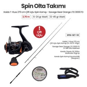 Kaido T-Ruxx 2.70 m Çift Uçlu (6-24 gr / 12-45 gr) Spin Kamışı + Savage Gear Orange LTD 3000 FD Spin Makinesi + Spin Set 53