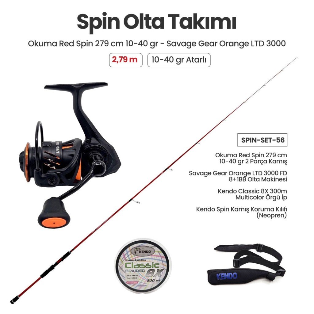 Okuma Red Spin 279 cm 10-40 gr Spin Kamışı + Savage Gear Orange LTD 3000 FD Spin Makinesi + Spin Set 56