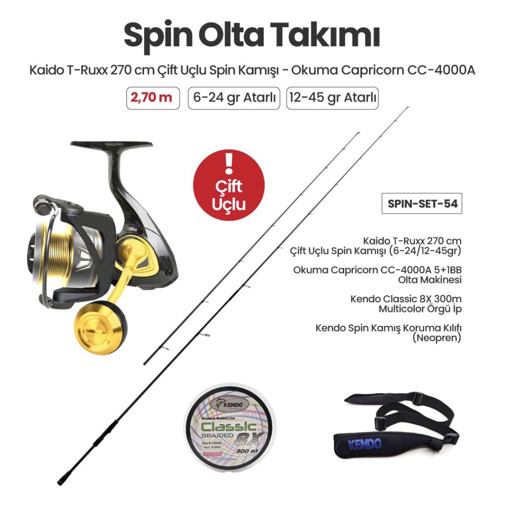 Kaido T-Ruxx 270 cm Çift Uçlu Spin Kamışı (6-24/12-45gr) + Okuma Capricorn CC-4000A 5+1BB Olta Makinesi + Spin Set 54