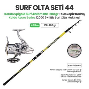 Kendo Spigola Surf 420cm 100-200 gr Teleskopik Kamış + Kaido Asura Series 12000 6+1 BB Surf Olta Makinesi + Surf Olta Seti 44