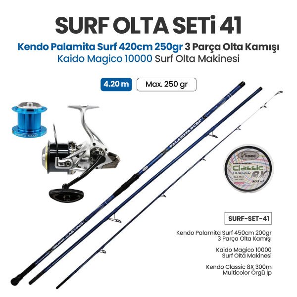 Kendo Palamita Surf 420cm 250gr 3 Parça Olta Kamışı + Kaido Magico 10000 Surf Olta Makinesi + Surf Olta Seti 41