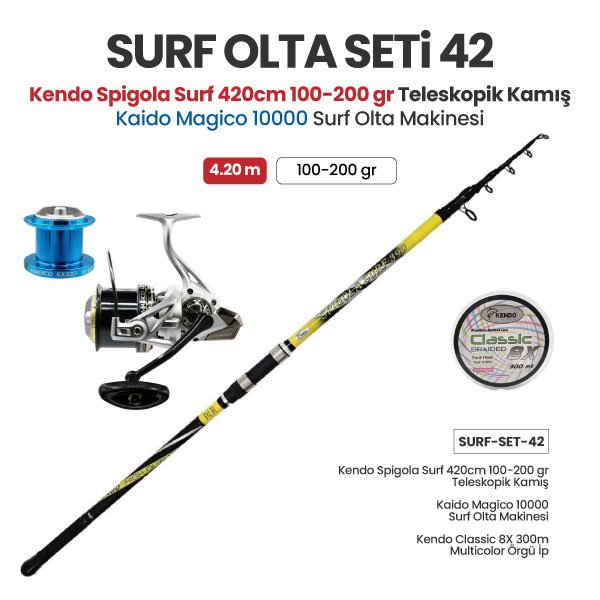 Kendo Spigola Surf 420cm 100-200 gr Teleskopik Kamış + Kaido Magico 10000 Surf Olta Makinesi + Surf Olta Seti 42