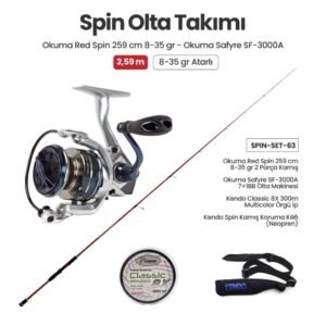 Okuma Red Spin 259 cm 8-35 gr Spin Kamışı + Okuma Safyre SF-3000A Spin Makinesi + Spin Set 63