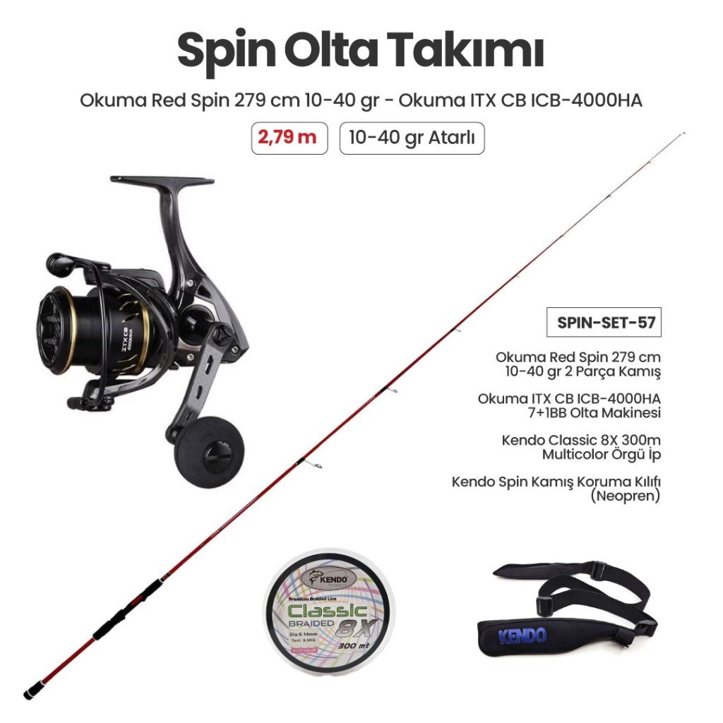 Okuma Red Spin 279 cm 10-40 gr Spin Kamışı + Okuma ITX CB ICB-4000HA Spin Makinesi + Spin Set 57