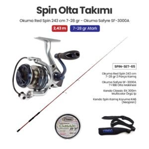 Okuma Red Spin 243 cm 7-28 gr Spin Kamışı + Okuma Safyre SF-3000A Spin Makinesi + Spin Set 65