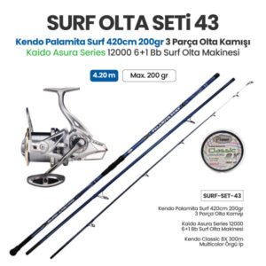 Kendo Palamita Surf 420cm 200gr 3 Parça Olta Kamışı + Kaido Asura Series 12000 6+1 BB Surf Olta Makinesi + Surf Olta Seti 43