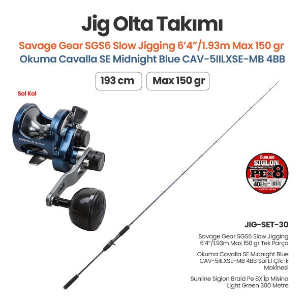 Savage Gear SGS6 Slow Jigging 1.93m Max 150 gr Tek Parça Kamış + Okuma Cavalla SE Midnight Blue CAV-5IILXSE-MB 4BB Çıkrık Makinesi + Jig Olta Takımı Set 30