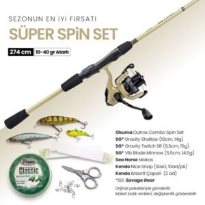 Okuma Outrax Combo Spin Kamış ve Makine Seti (274 cm 10-40 gr) + Savage Gear Sahte Yemler + Kendo Ekipmanlar + Süper Spin Set