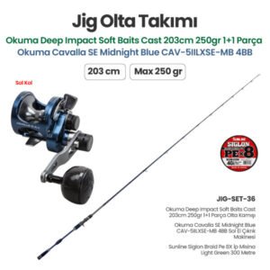 Okuma Deep Impact Soft Baits Cast 203cm 250gr 1+1 Parça Olta Kamışı + Okuma Cavalla SE Midnight Blue CAV-5IILXSE-MB 4BB Sol El Çıkrık Makinesi + Jig Olta Takımı Set 36