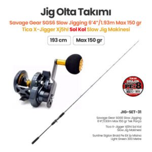 Savage Gear SGS6 Slow Jigging 1.93m Max 150 gr Tek Parça Kamış + Tica X-Jigger XJ5HL Sol Kol Slow Jig Makinesi + Jig Olta Takımı Set 31