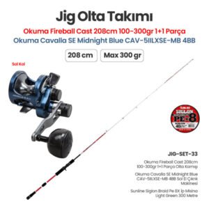 Okuma Fireball Cast 208cm 100-300gr 1+1 Parça Olta Kamışı + Okuma Cavalla SE Midnight Blue CAV-5IILXSE-MB 4BB Sol El Çıkrık Makinesi + Jig Olta Takımı Set 33